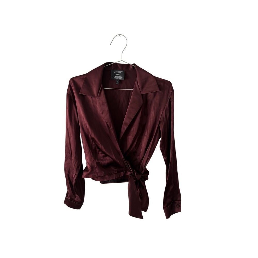 Carmen Marc Valvo Collection Silk Wrap Blouse Burgundy Tie Front Top Womens 10
